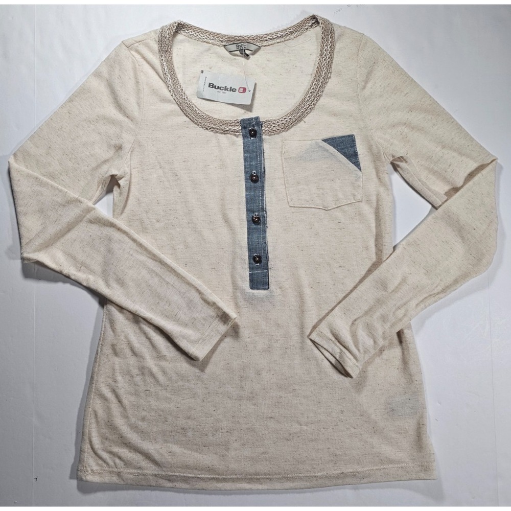 NWT BKE Women's light Tan Top Size XS with Denim Accents Long Sleeve Lightweight
